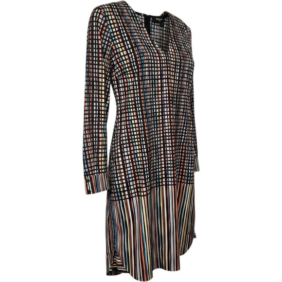 PAULE KA Dresses & Skirts - Paule Ka Paris MultiColor Geometric Stripe VNeck Shift Dress Size 44 Long Sleeve